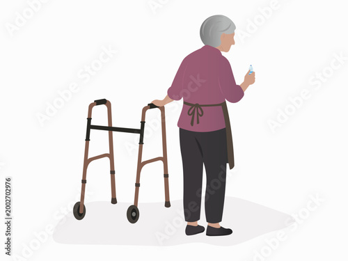 Senior woman with rollator walker holding a water bottle: hydration and mobility concept.