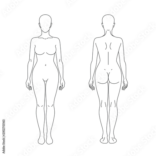 Female body outline template in front and back view with clean line art and balanced proportions. Universal base for fashion design, anatomy study, medical diagrams, cosmetic procedures, massage maps 