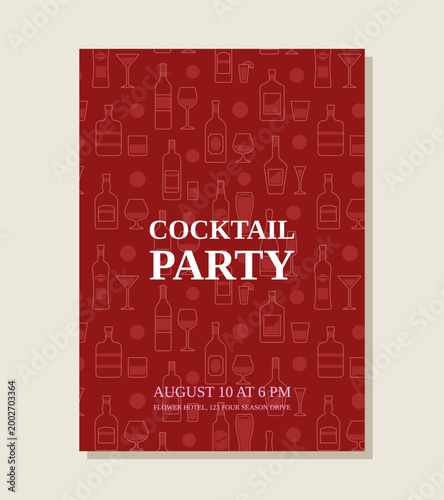Alcohol beverages poster in line art style. Cocktail party banner template. Invitation flayer design. Card with flat icons bottles and glasses. Vector illustration