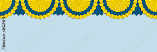 Bold ukrainian ribbon banner with layered folds and rosette clusters forming a strong border. A patriotic graphic element for posters and holiday branding