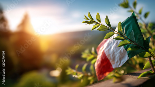Waving Italian flag dances softly with the evening breeze near a serene countryside landscape Generative AI
