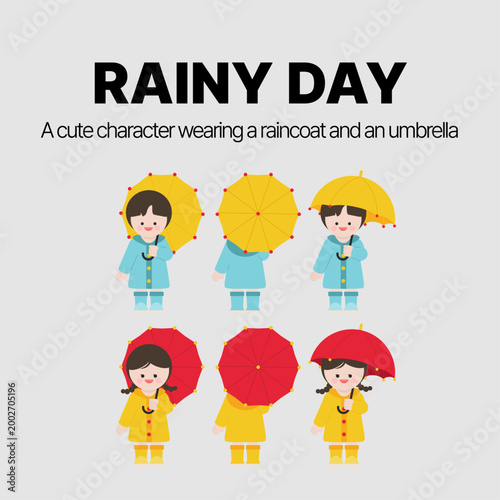 우산을 쓰고 비옷을 입고 장화를 신은 귀여운 캐릭터 앞모습과 뒷모습