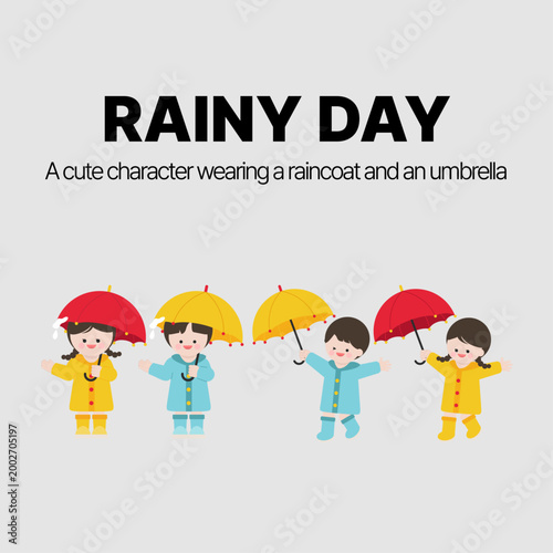 우산을 쓰고 비옷을 입고 장화를 신은 귀여운 캐릭터 장난을 치는 캐릭터