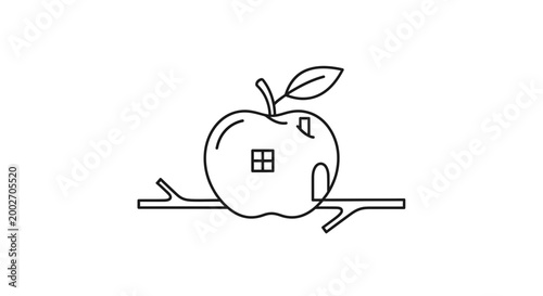 Minimalist Apple House Logo on Branch, Creative Organic Food and Home Concept