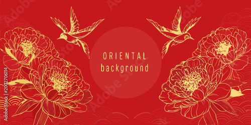 oriental background with peonies and birds golden line art