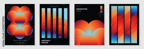 Modern gradient poster background vector set. Abstract cover template with monotone perspective geometric prism shape and halftone. Ideal design for social media, cover, banner, flyer.	
