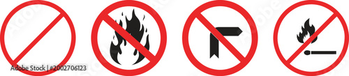 Prohibited icon set collection group featuring restriction warning ban symbol with clean modern design for safety security alert interface element signage usability and universal communication visual.