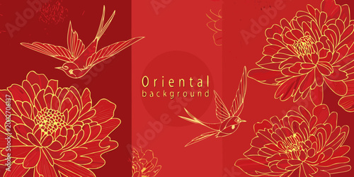 floral banner with birds and peonies golden line art on red