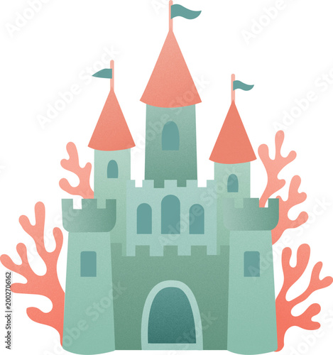Whimsical Underwater Mermaid Castle Illustration with Pink Coral Decorations and Magical Fantasy Kingdom Aesthetic in Pastel Teal and Salmon Colors

