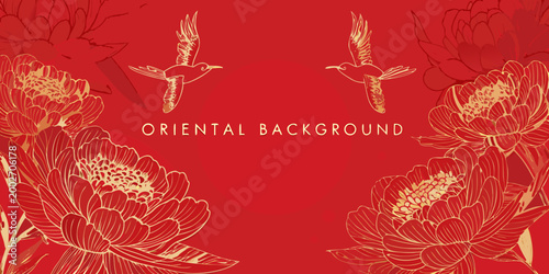 Floral banner with peonies and hummingbirds golden line art on red