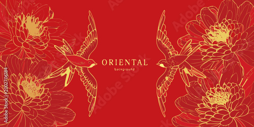floral banner with peonies and birds oriental style illustration