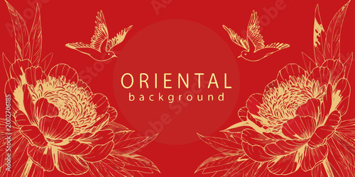 Floral banner with peonies and birds oriental style illustration