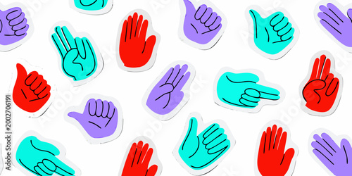 hand gesture icons pattern colorful line art on white background