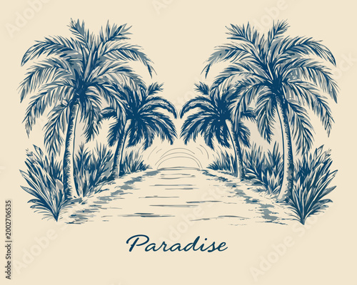 Palm trees line drawing with beach and sunset blue tones