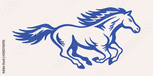 Galloping horse illustration bold blue line art on white background