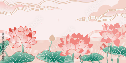 Pink lotus flowers illustration with wavy lines soft pastel background