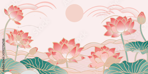 Lotus flowers illustration with golden accents and soft pink background