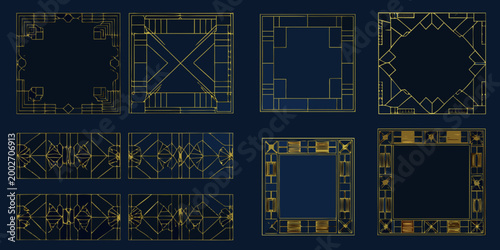 gold geometric frames and borders on deep blue background