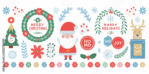christmas illustrations with wreath santa and holiday decorations