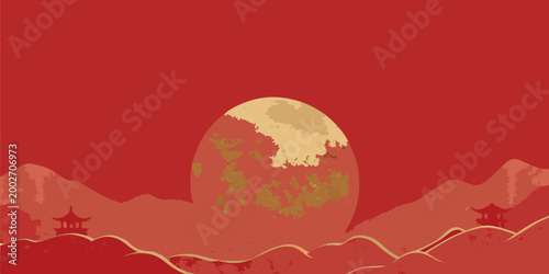 minimalist landscape illustration with mountains and pagoda red background
