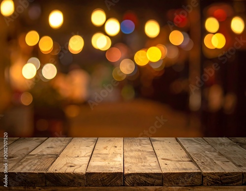 Wooden table top with blurred city lights bokeh
