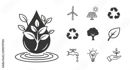 Eco friendly icons representing sustainability and nature conservation.