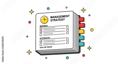 A colorful illustration of a management strategy document with tabs and a checklist surrounded by stars and dots.