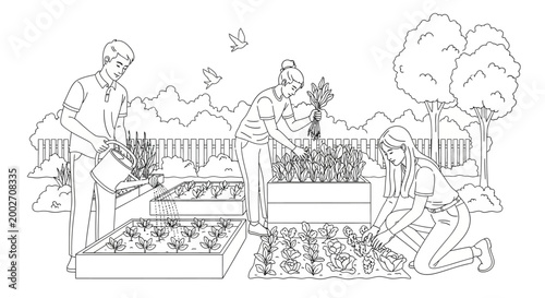 People gardening together outdoors in a community garden with trees and plants