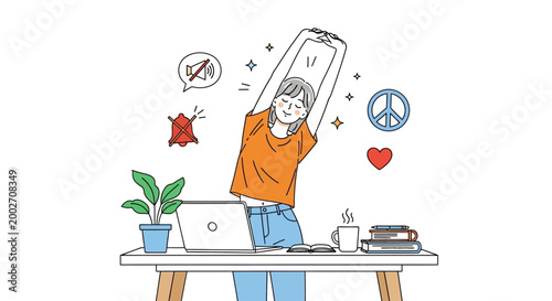 Person stretches on desk with laptop and peace signs floating around