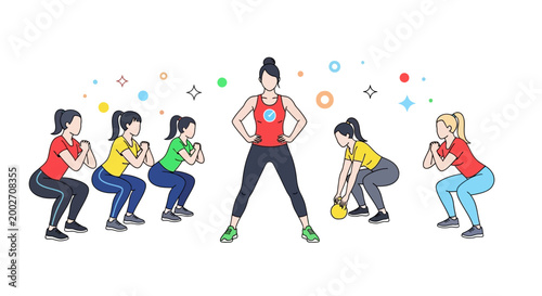 Group of people doing squats with one instructor in the middle ikjhu