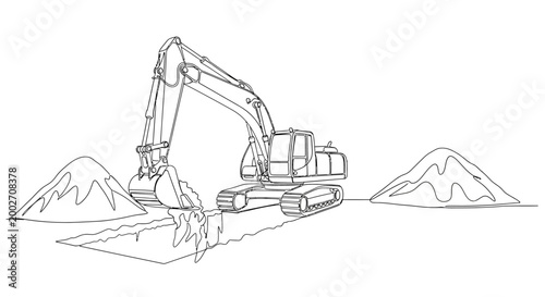 Heavy machinery excavates earth near mountains with piles of dirt