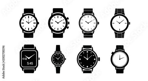 Eight different watches are displayed on a plain surface for comparison.