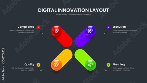 Science Portfolio Presentation Template Vector Illustration. Enterprise Innovation Four Element Chart Frame Design. Product Insight 4 Step Graph Slide Layout.