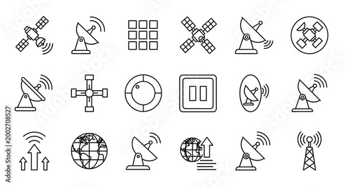 Satellite dishes transmit signals globally through space networks and earth stations.