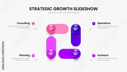 Product Profile Four Option Diagram Frame Layout. Science Campaign Slideshow Design Vector Illustration. Corporate Insight 4 Step Chart Slide Template.