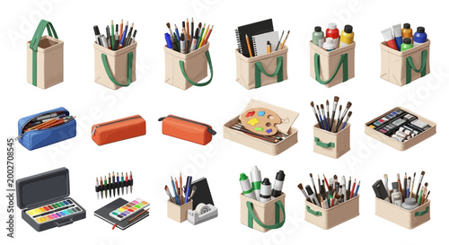 Various art supplies organized in bags and containers on a table