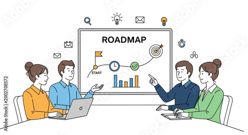 Business team discussing roadmap on screen with laptop