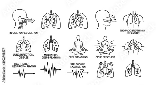 A medical illustration depicts various respiratory system diagrams and yoga poses for lung health with ikjhu concept.