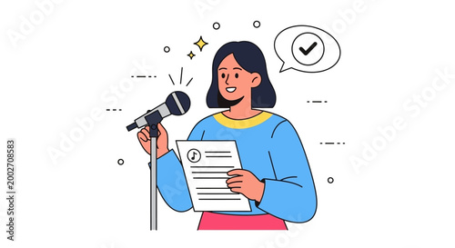 Woman confidently speaks into microphone while holding papers with speech bubbles around her