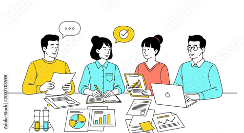 People discuss ikjhu document with graphs and laptops around