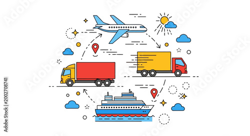 Transportation modes connect global locations with cargo ships trucks and airplanes