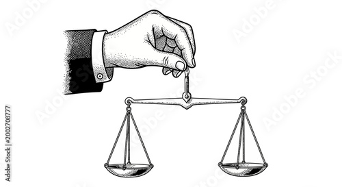 A hand holds scales with balanced plates in a fair assessment.