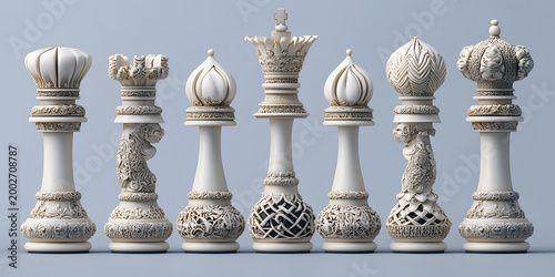 Chess pieces, ivory, board game in a unique style and a variety of ornaments, represent different roles in the game of chess.