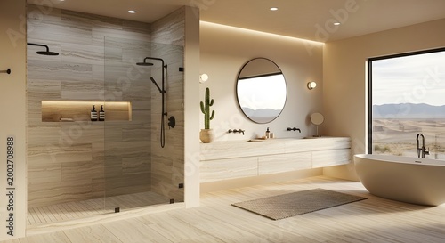 A modern bathroom with a desert view.