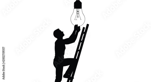 Man on a ladder reaching for a light bulb with an idea