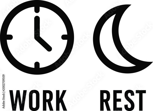 Work and Rest Icons: Clock and Moon Symbolizing Time Management and Balance