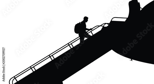 Man walking up the stairs of an airplane with a backpack on his back slowly