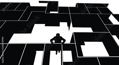 Businessman sitting on a ledge in a maze of buildings and city streets graphic illustration