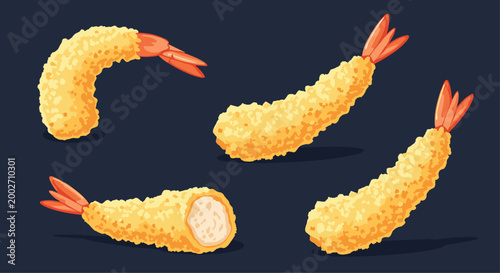 Four pieces of crispy golden tempura fried shrimp on a dark background including one with a detailed cross-section view.