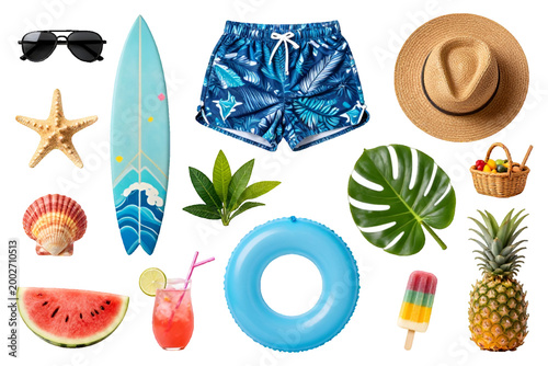 set of summer beach accessories on transparent Background. Summer Beach Vacation Vector Elements Set on transparent Background. Flat Lay Summer Travel Icons Collection with Surfboard, Swim Trunks,